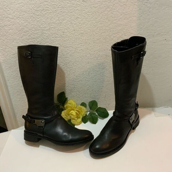 ECCO Hobart Harness Black Leather Mid Calf Moto Boot Size 38 US 7.5 Low Heel - Picture 2 of 12